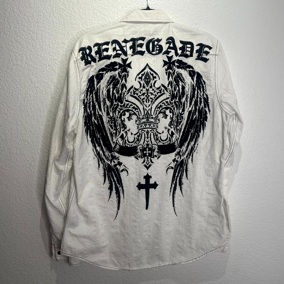 Raw State Shirt Mens Large White Graphic Renegade Goth Fleur de Lis Wings Cross - Picture 2 of 15